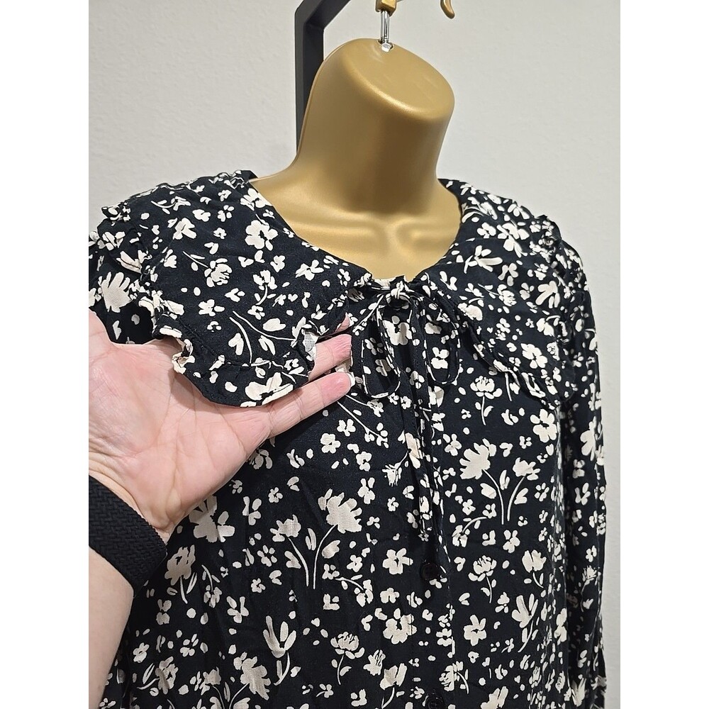 Ditsy Floral Peter Pan Collar Dress XL Black Cream Cottage Peasant Ruffle Modest